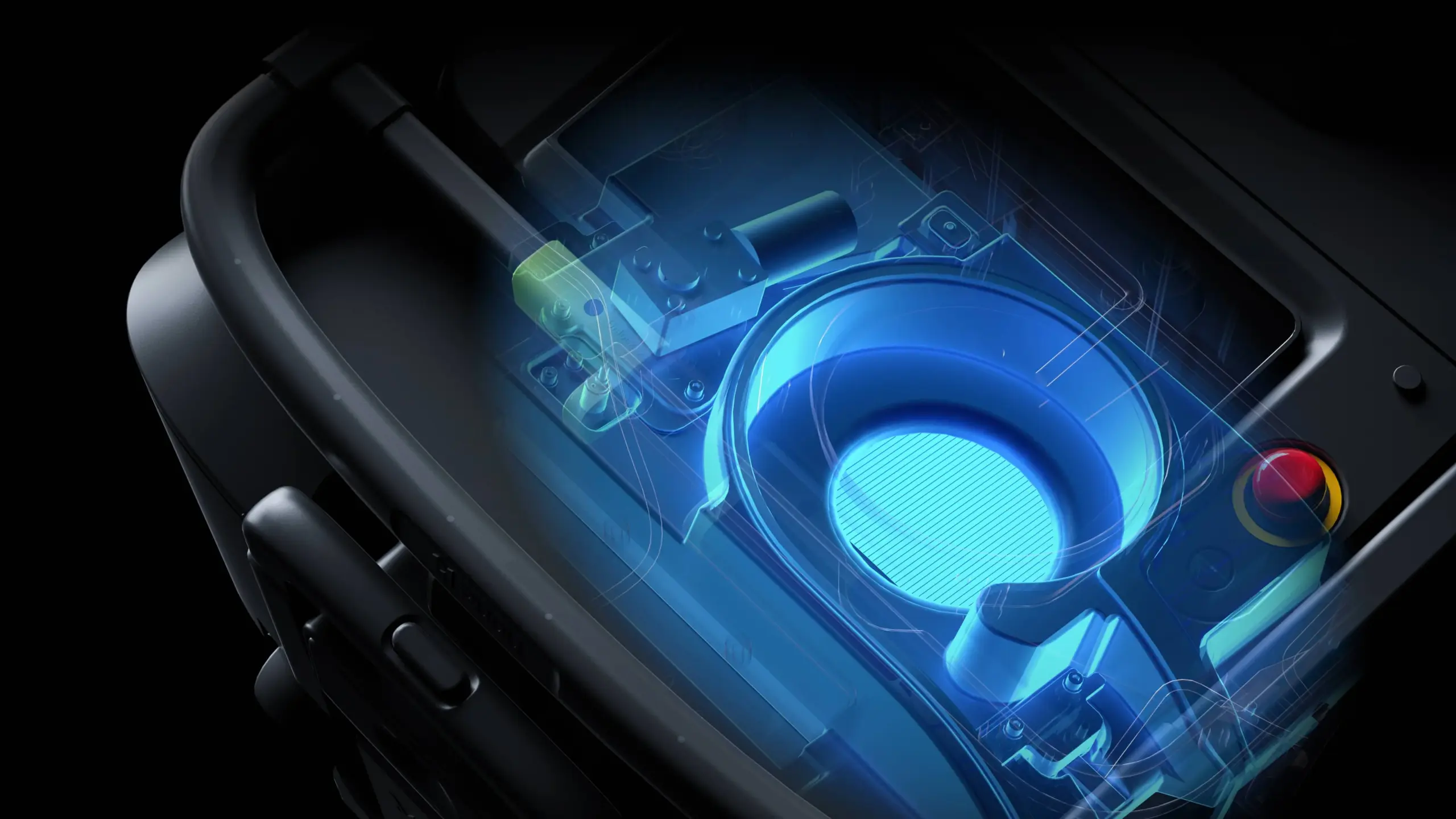 Nahaufnahme eines futuristischen, blau beleuchteten, runden Geräts mit technischen Komponenten und einem roten Knopf, das dem innovativen Design des PUDU MT1 ähnelt.