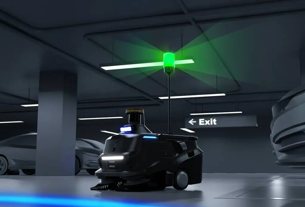 Ein schwarzer PUDU MT1 Reinigungsroboter mit grünem Licht arbeitet in einem modernen Parkhaus in der Nähe eines Ausfahrtsschildes.