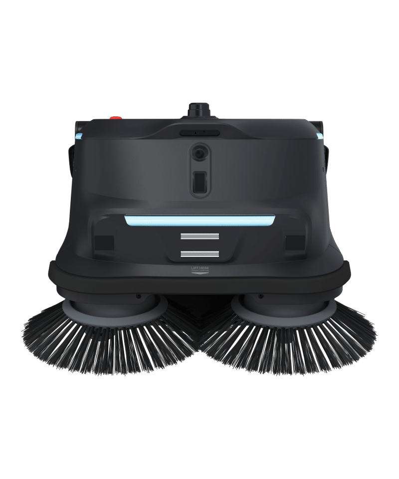 Schwarzer PUDU MT1 Kehrsaugroboter mit zwei großen runden Bürsten und einem rechteckigen Gehäuse, von vorne gesehen.