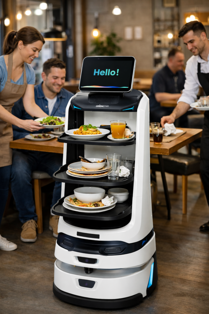 Ein Gastronomie Roboter von Salesmotion Robotics beliefert Kunden in einem belebten Restaurant mit Speisen und Getränken. Auf seinem Bildschirm erscheint "Hallo!", während er durch den belebten Essbereich navigiert.