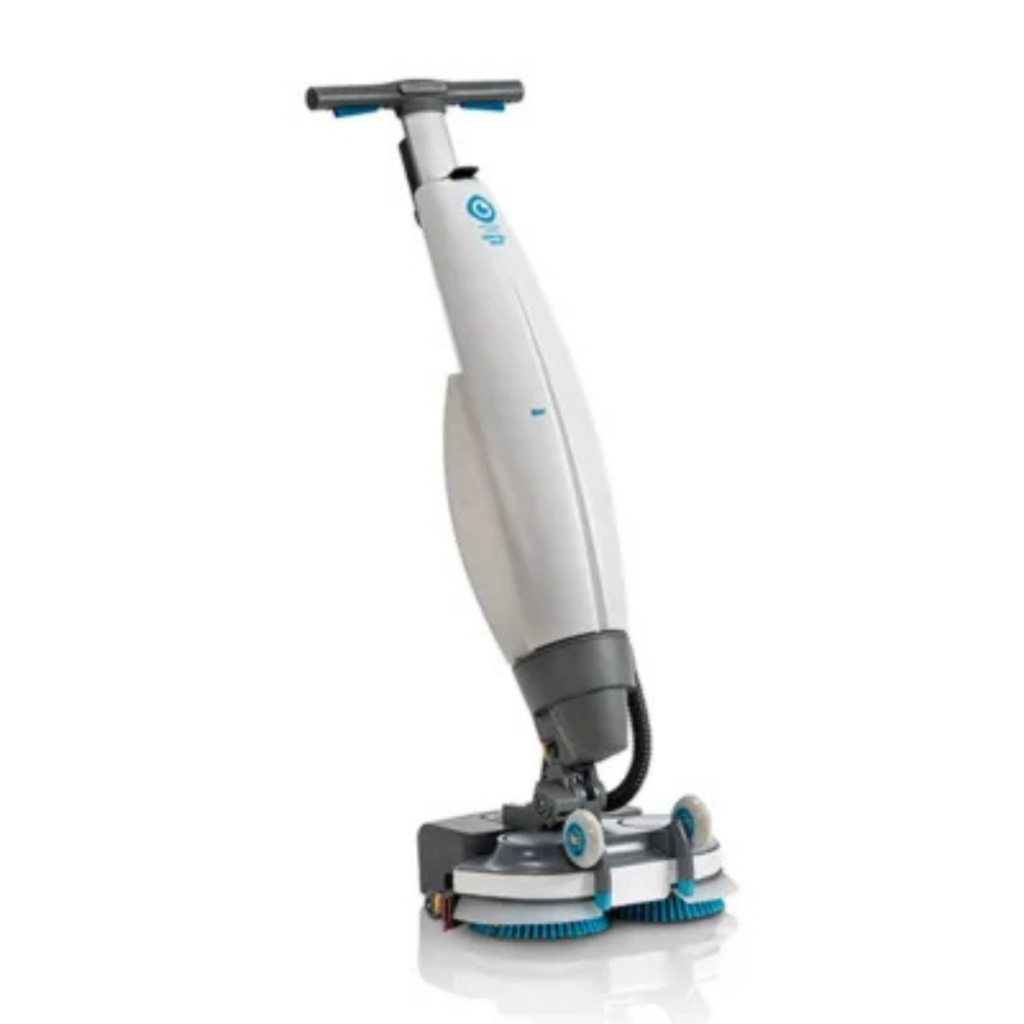 Ein moderner, aufrecht stehender Reinigungsroboter mit zwei rotierenden Bürsten und einem eleganten weiß-grauen Gehäuse.