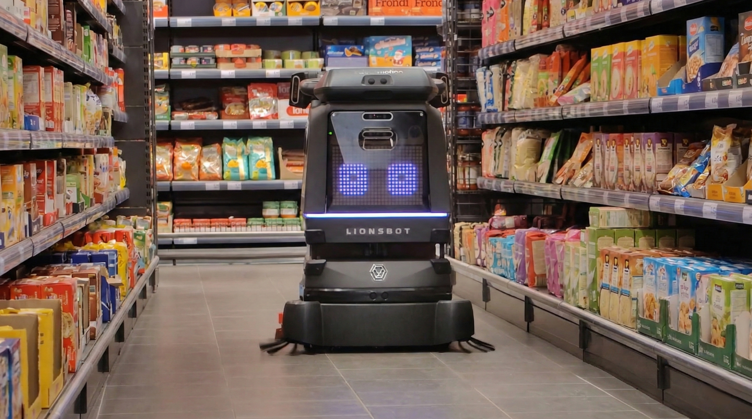 Ein Reinigungsroboter von Salesmotion Robotics bewegt sich durch einen Gang in einem Lebensmittelgeschäft, in dem verschiedene verpackte Lebensmittel in Regalen stehen.