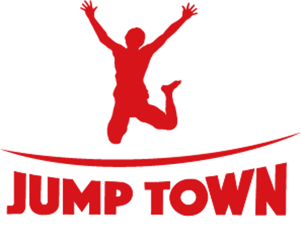Rote Silhouette einer springenden Person über den Worten "JUMP TOWN" und "DEIN TRAMPOLINPARK" in fetter roter Schrift.