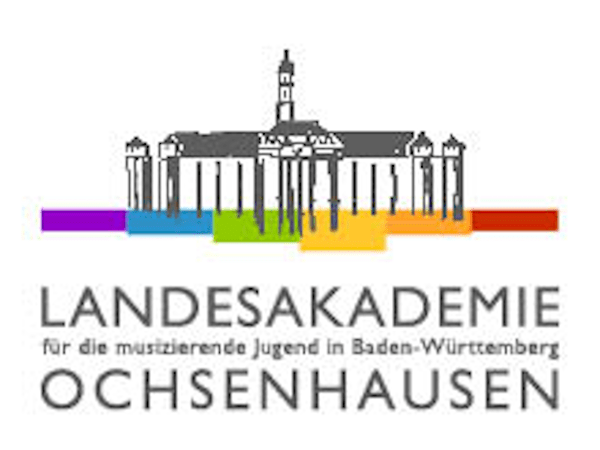 Umriss eines klassischen Gebäudes mit einem Regenbogenbalken darunter, Text: "Landesakademie Ochsenhausen".