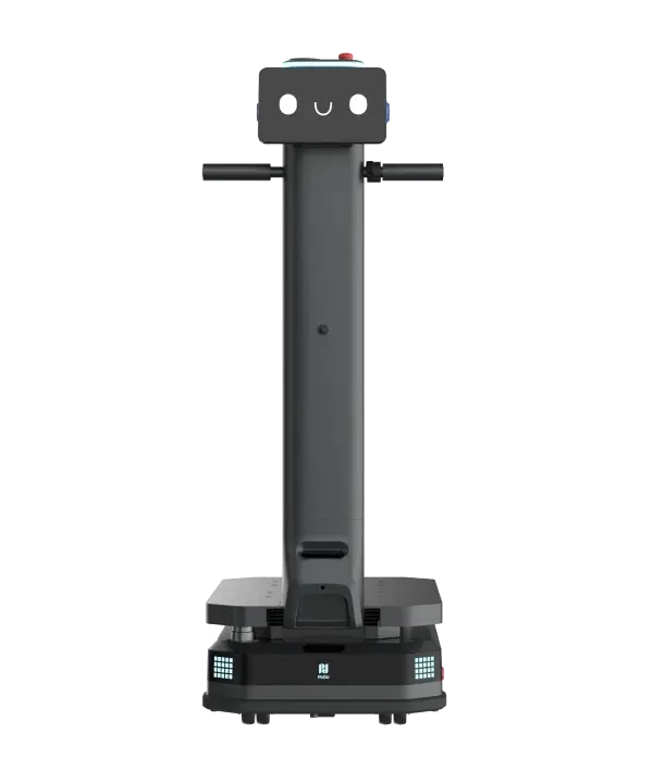 Ein schwarzer Transportroboter mit einem lächelnden Gesicht und einem hohen zentralen Körper, von vorne gesehen.