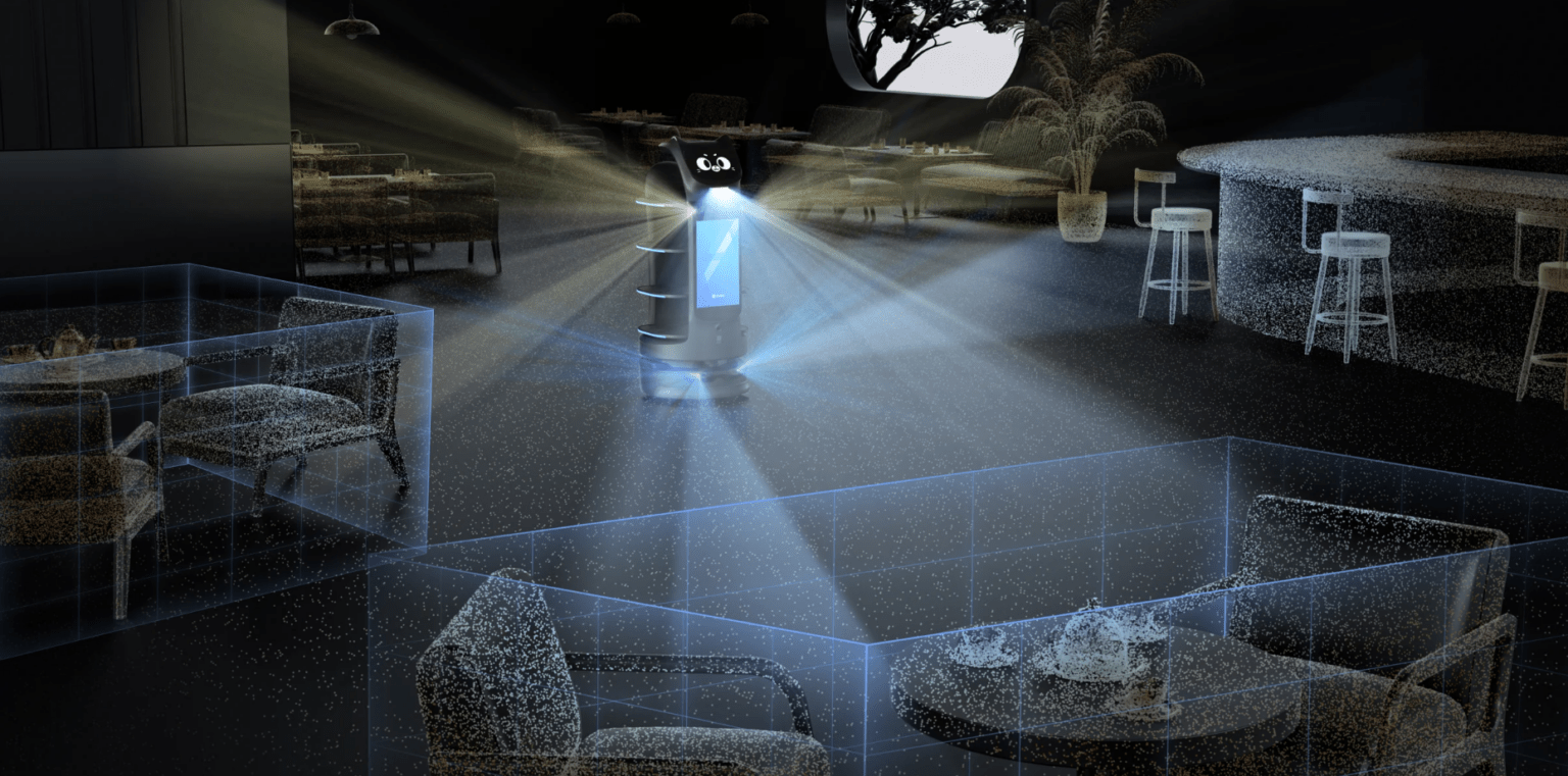 Ein Roboter strahlt blaues Licht aus und scannt ein schwach beleuchtetes Restaurant mit Tischen und Stühlen, die in holografischen Rastern dargestellt sind.