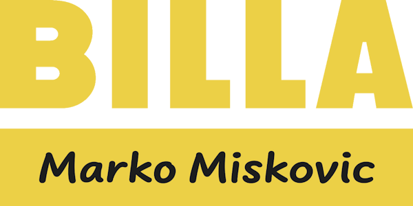 Gelber Text "BILLA" über "Marko Miskovic" in schwarzer Schrift auf gelbem und weißem Hintergrund.
