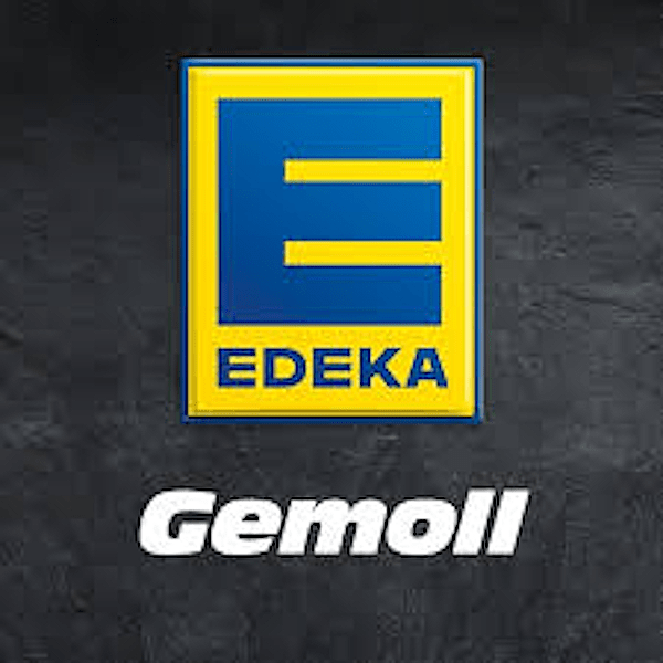 EDEKA-Logo mit einem großen blauen "E" auf gelbem Hintergrund, darüber das Wort "Gemoll" in weißer Schrift.