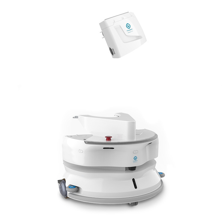 Darüber schwebt ein weißer Reinigungsroboter mit abnehmbarem Aufsatz, der eine fortschrittliche Reinigungstechnologie präsentiert.