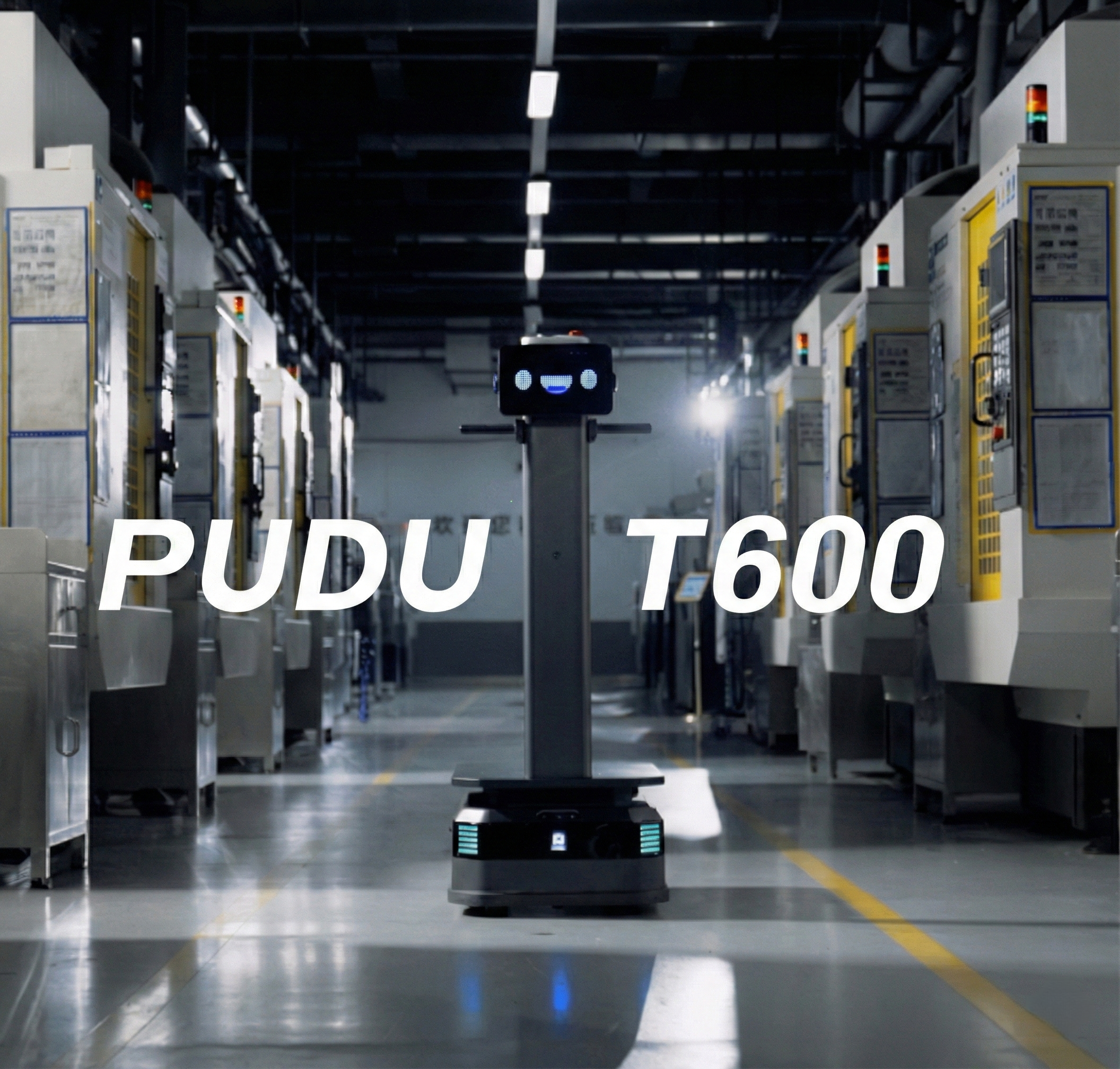 Ein PUDU T600 Roboter steht im Gang einer modernen Industrieanlage mit heller Beleuchtung.