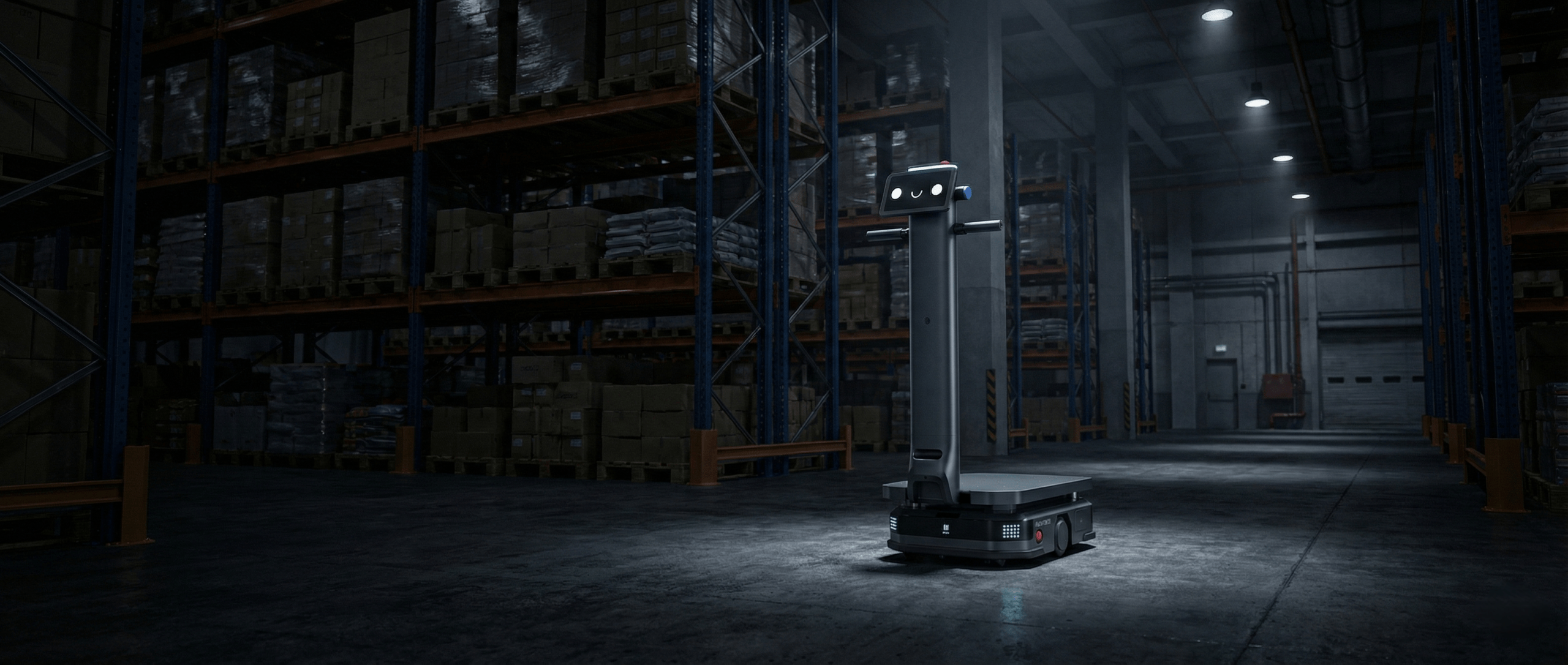 Ein großer Lagerroboter bewegt sich entlang eines Gangs, der von Regalen mit gestapelten Kisten und Paletten umgeben ist.