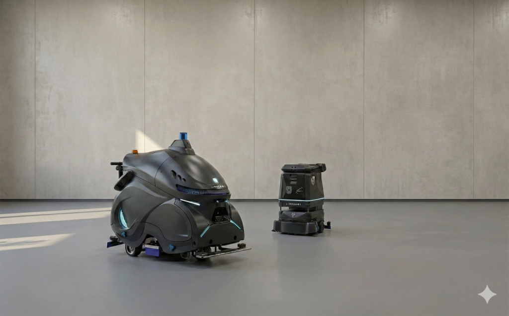 Zwei schwarze Reinigungsmaschinen von Salesmotion Robotics gleiten über einen glatten, leeren Boden vor einer schlichten grauen Wand.