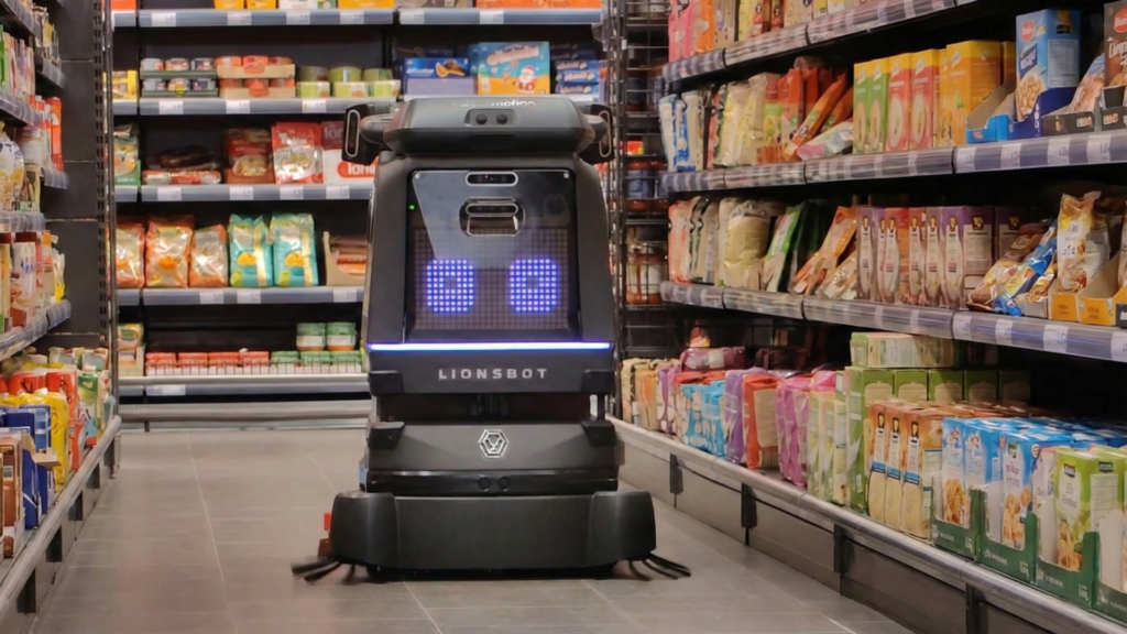 Reinigungsroboter von Lionsbot im Einsatz in einem Supermarkt