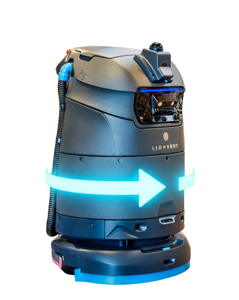 Lionsbot R5 Reinigungsroboter mit Pfeil wegen 360 Grad Wende